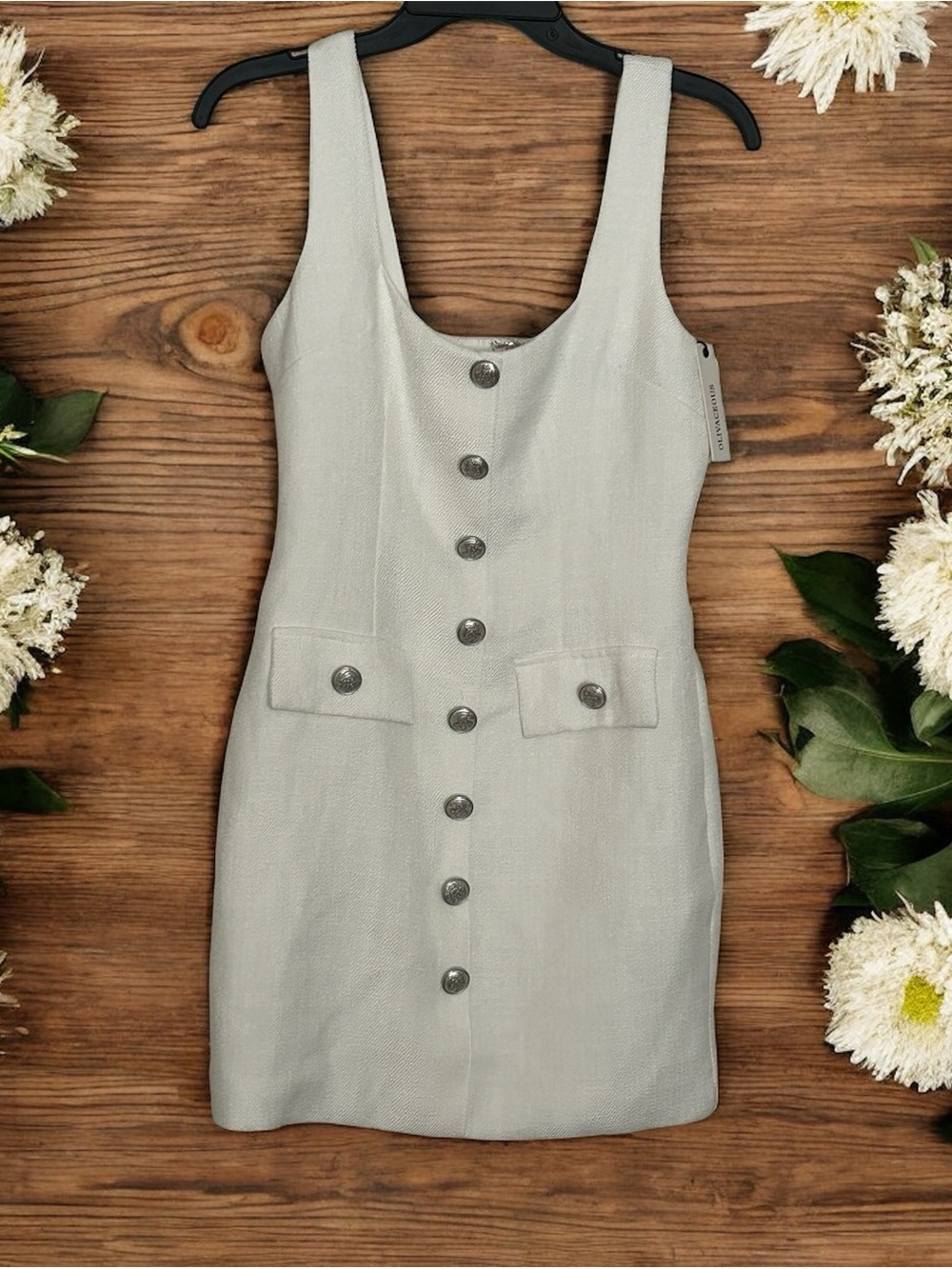 Olivaceous Sleeveless White Button-Front Mini Dress